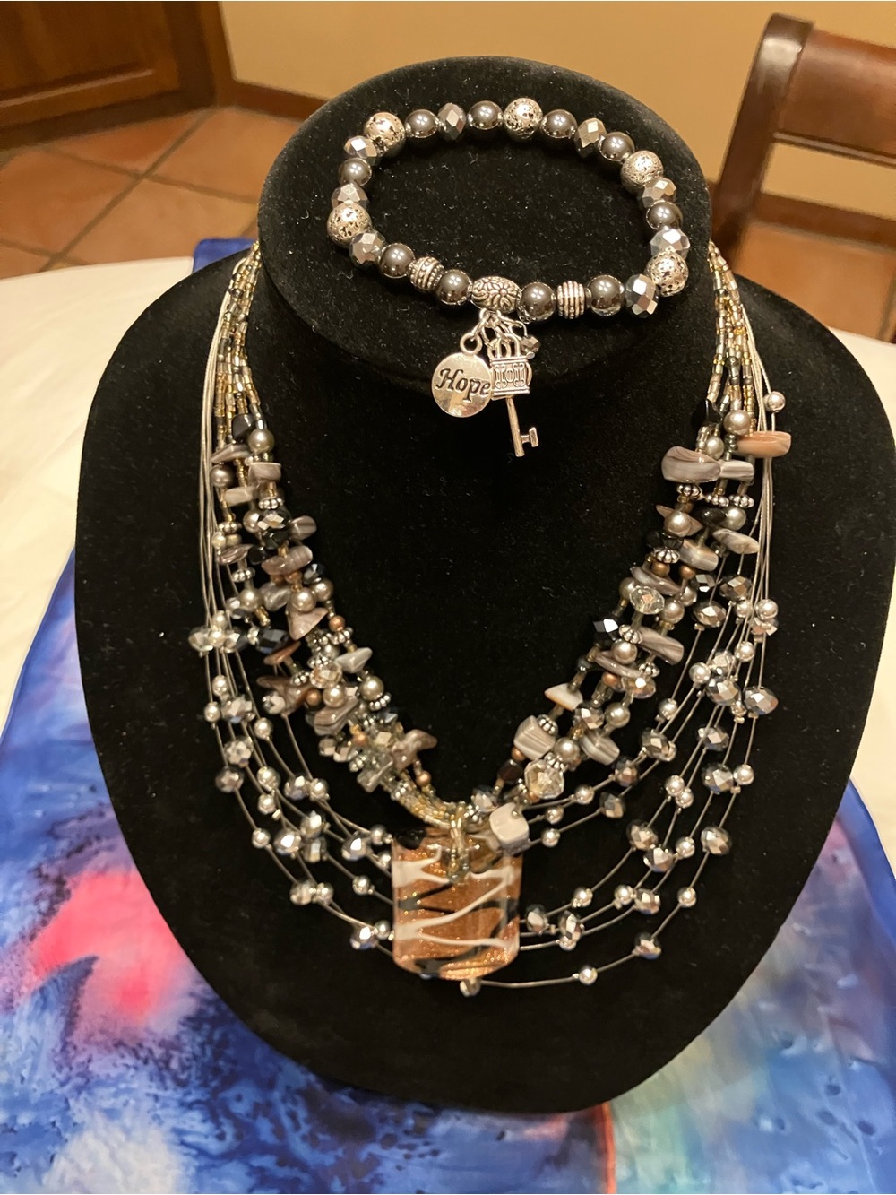 CJ Bronze , White and Black Glass piece Neckace. Wire Neckace /Bracelet Bundle